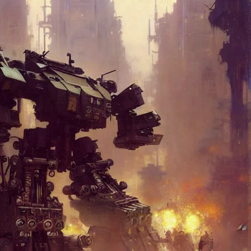 Image similar to six meters tall mech fighting in an urban environment, minigun, by gaston bussiere craig mullins jc leyendecker gustav klimt artgerm greg rutkowski john berkey, bergey, craig mullins, ruan jia, raymond swanland, jeremy mann, tom lovell, alex malveda