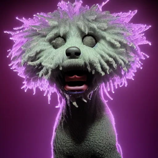 Prompt: a puli made out of tendrils of glowing purple magic, unreal engine, volumetric lighting, artstation