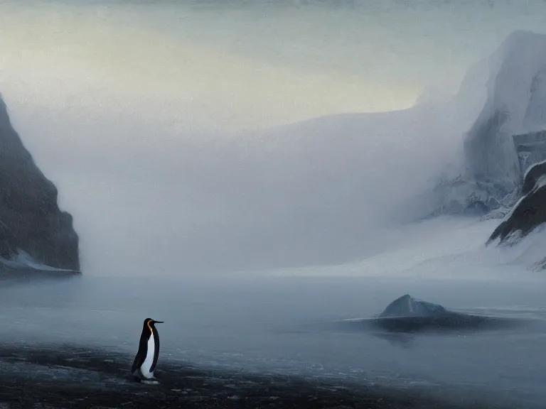 Prompt: an oil painting of a penguin next to a frozen ocean and a misty glacier at dawn. by beksinski tuomas korpi moebius and carl spitzweg. baroque elements. intricate artwork by caravaggio. oil painting. oil on canvas. award winning. dramatic. trending on artstation. 8 k