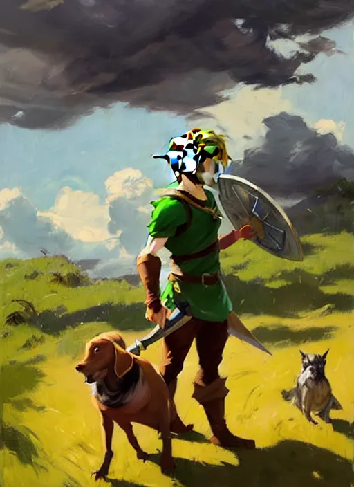 Image similar to Greg Manchess painting of Link from Legend of Zelda in casual wear out with the dogs, countryside, fantasy character portrait, dynamic pose, above view, sunny day, thunder clouds in the sky, artwork by Jeremy Lipkin and Giuseppe Dangelico Pino and Michael Garmash and Rob Rey, very coherent asymmetrical artwork, sharp edges, perfect face, simple form, wacky, 100mm