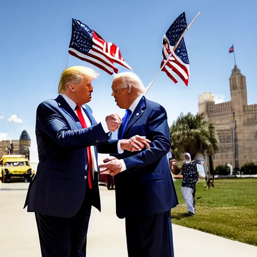 Prompt: donald trump and joe biden battle in full knight armor in front of an american flag