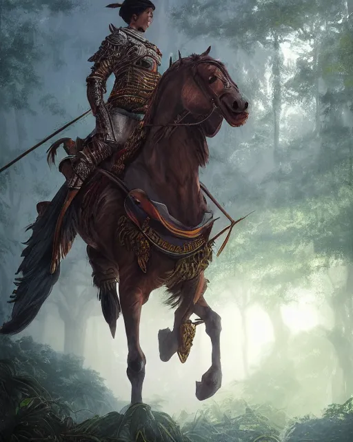 Prompt: ultra realistic illustration of a spanish conquistador wearing ornate armor and riding a horse in a dense foggy jungle environment by artgerm and and greg rutkowski and studio ghibli, octane, studio ghibli color scheme, intricate, portrait, anatomy, artstation, cinematic lighting, sharp focus, portrait, tarot card