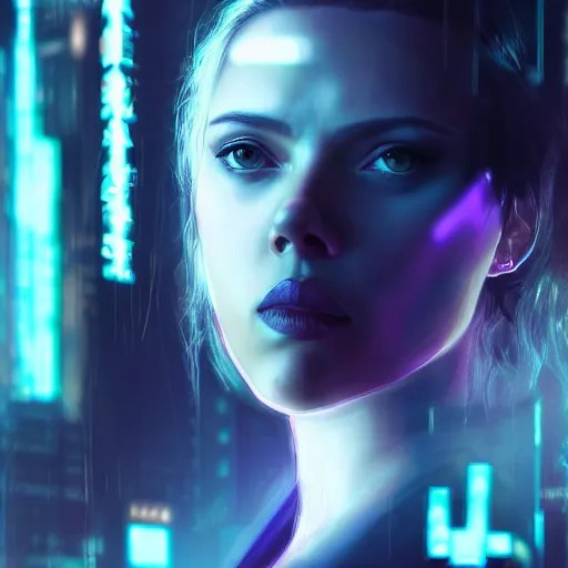 Image similar to Scarlett Johansson as a cyberpunk girl portrait with depth of field inspired by ghost in the shell