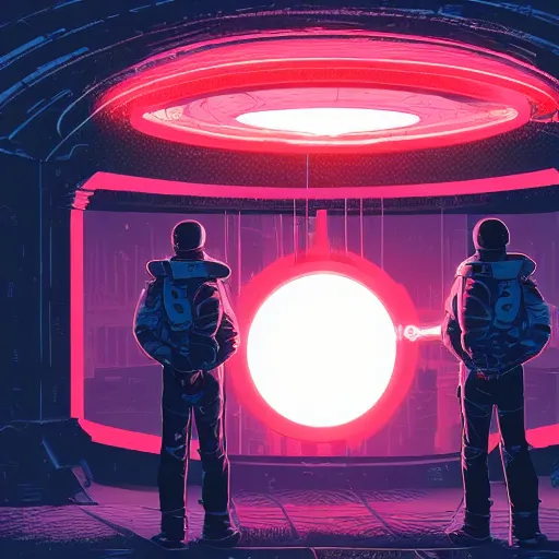 Image similar to in the style of max prentis and deathburger and laurie greasley a young man wearing a cyberpunk headpiece who is standing in front of a large circular ancient glowing portal, highly detailed, 8k wallpaper