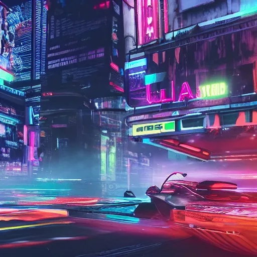 Image similar to a 3 d rendered in unreal engine guatemalan cyberpunk city with neon ads and signs with evocative dramatic mood with blade runner vibe with cars with motion blur with depth of field with bloom with lightshaft with volumetric lights, fog, by scott robertson, oscar winning graphics, photo realistic, bloom, imax, dynamic lighting, artstation,