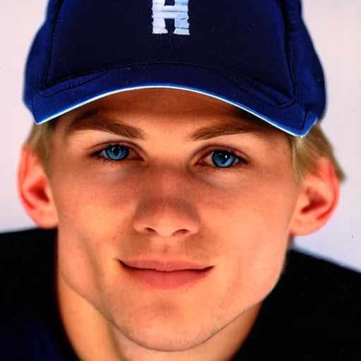 Prompt: studio portrait headshot of a 2 1 year old finnish male ice hockey player with blond hair, blue eyes, and a gentle smile, taken in the year 2 0 0 0 with a vcr camera, wearing a black hockey jersey with a grey, black, and red v - neck, in front of a blue background