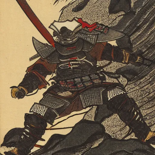 Prompt: an armoured samurai slicing a mountain in two with his katana, detailed, realistic, wide angle