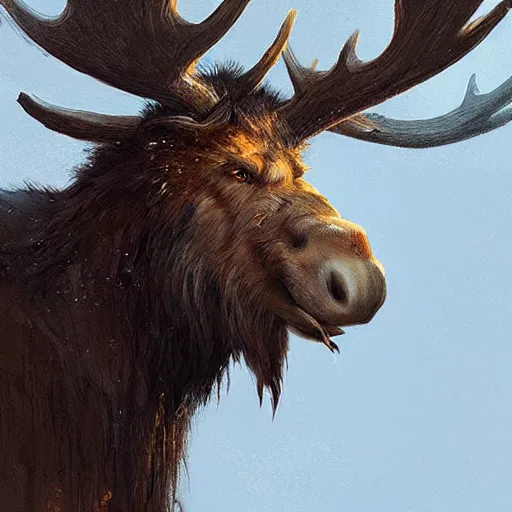 Image similar to hairy barbarian wearing moose head by greg rutkowski