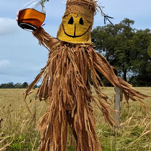 Prompt: a bottle of rum on a scarecrow