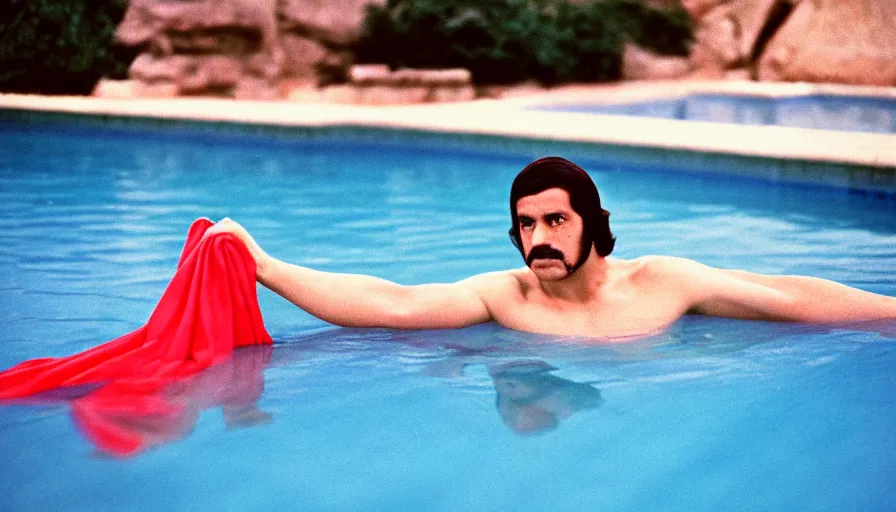 Prompt: 1 9 7 0 s movie still of platon in red drapery in a blue neoclassical swimming pool with collums, cinestill 8 0 0 t 3 5 mm, high quality, heavy grain, high detail, panoramic, ultra wide lens, cinematic light, dramatic light, flares anamorphic