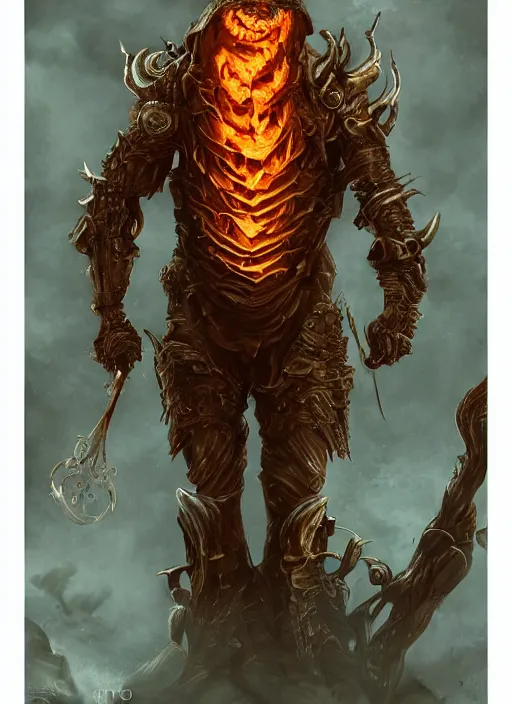 Image similar to powerful male pumpkin, willem dafoe as pumpkinhead, oz, full body character concept, covered in full metal armor, art nouveau, super powers, fantasy, intricate, elegant, highly detailed, digital painting, artstation, concept art, shining, sharp focus, illustration, art bjorn hurri