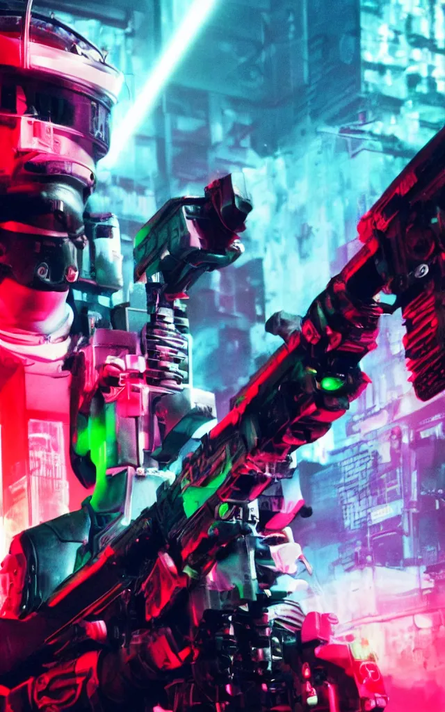 Prompt: Cybernetic Pope shooting bright lasers, 80s, science fiction, cyberpunk, neon, low angle shot, cross, pope, movie poster, futuristic