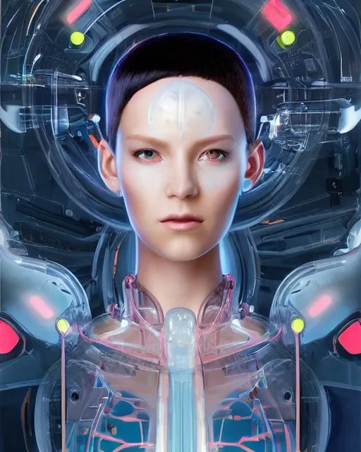 Image similar to a beautiful half body image of a futuristic android with body made of translucent plastic, short hair made of colored cellophane with mechanical internal parts, symmetrical and realistic proportions by Irakli Nadar, tom bagshaw, Charlie Bowater with details by Jason Felix, furio tedeschi, face by ilya kuvshinov, artgerm, cinematic backlit lighting, beauty retouch, elite, photo realistic, octane render, hyper real, ultra detailed, trending on artstation pinterest and deviantart