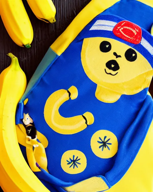 Image similar to banana wearing a cobalt blue vilt hat and wearing a baby sling with a kitten inside, color studio portrait, golden ratio, backlit, happy, detailed eyes