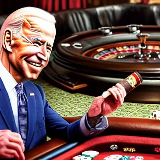 Image similar to joe biden smoking a cigar and playing poker in a casino, photorealistic