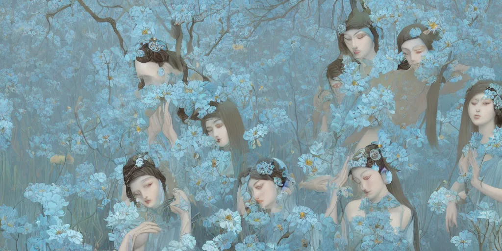 Prompt: breathtaking detailed concept art painting art deco pattern of faces goddesses of light blue flowers with anxious piercing eyes and blend of flowers and birds, by hsiao - ron cheng and john james audubon, bizarre compositions, exquisite detail, extremely moody lighting, 8 k