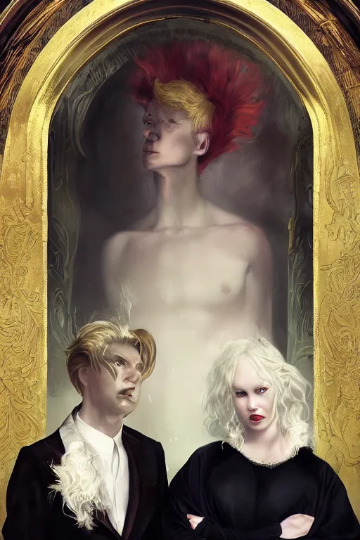 Image similar to a portrait of handsome young male albino Satan and his elegant beautiful albino wife, bored, illustration, dramatic lighting, soft details, painting oil on canvas, art nouveau, octane render, HDR, 4k, 8k, HD, by Edmund Blair Leighton, Brom, Charlie Bowater, trending on artstation, faces by Tom Bagshaw, Sargent