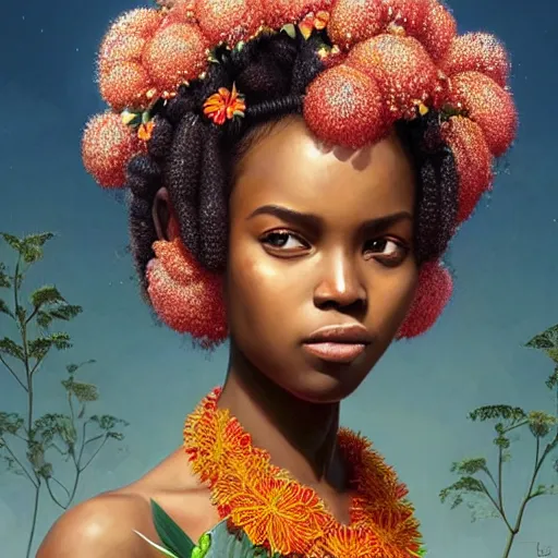 Image similar to ultra realistic illustration, beautiful swahili girl with flowers blossoming from her afro, wearing a kitenge, elegant, highly detailed, digital painting, concept art, smooth, sharp focus, illustration, art by artgerm and greg rutkowski 7 8 0