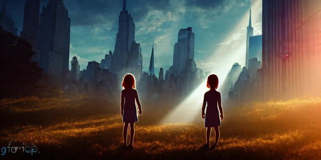 Image similar to sci - fi scene future new york cityscape, orphaned girl in manhattan holding the outstretched hand of an iron giant robot, forest punk, crepuscular rays, epic scene, hyper realistic, photo realistic, overgrowth, cinematic atmosphere, ethereal lighting,