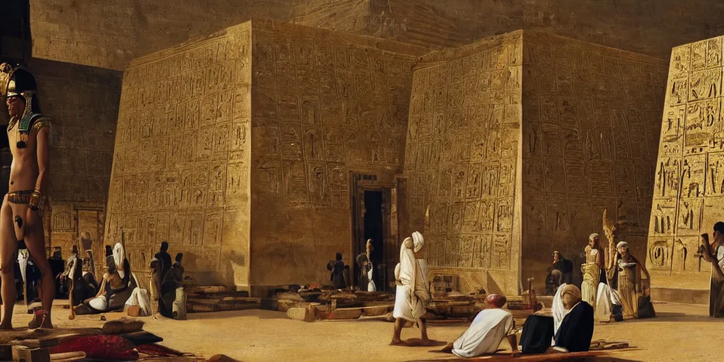 Image similar to Tutankhamun watching as the pyramids are being built in ancient egypt, sitting in a golden chariot, daytime painting by ludwig deutsch and rudolf ernst, lost civilizations, slaves in white robes, dramatic cinematic lighting, sharp focus, smooth, sharp focus, extremely detailed,