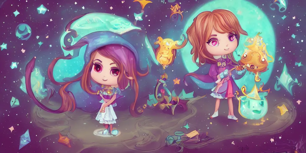 Image similar to Aquarius as a cute Wizard playing in a magical field surrounded by super super cute creatures, funko pop, digital art, artstation, cinematic photo, ratio 16:9