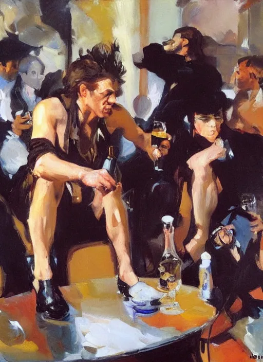Image similar to glam rocker drinking brutal and raw wine with his friends by joaquin sorolla, phil hale, greek style, ultra detailed