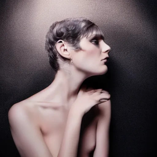 Prompt: medium format color portrait of a model with surreal style, studio lighting