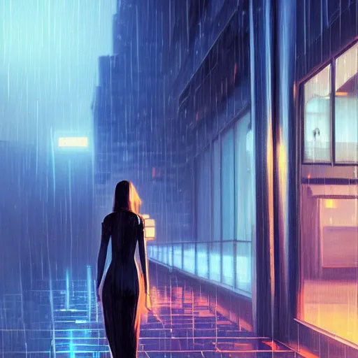 Prompt: a beautiful painting artwork of a woman on a rainy night, cyberpunk, by ilya kuvshinov featured on artstation