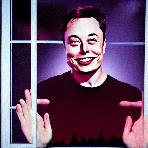 Image similar to photograph at night of elon musk smiling creepily through your bedrooms window, horror art,