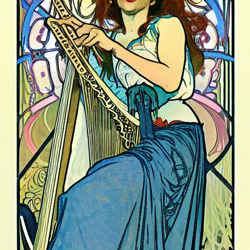 Prompt: a Happy Jester playing the harp, in the style of Alphonse Mucha