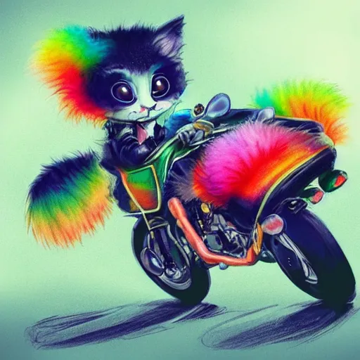 Image similar to wide angle full body, jacket wearing fluffy cute rainbow kitten wearing a black leather motorcycle jacket, riding on a motorcycle, cinematic concept art