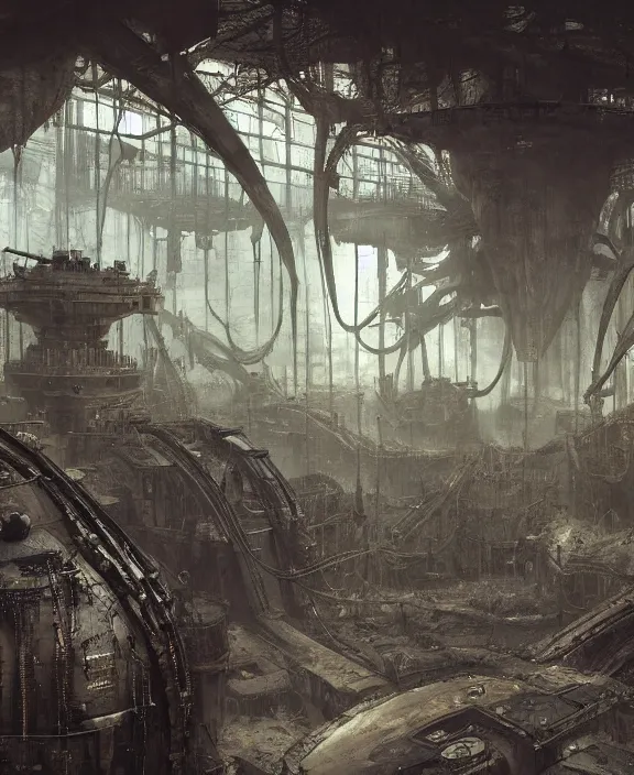 Prompt: the interior of a grim steampunk military headquarters, by HR Giger and Beksiński and Stephan Martiniere , 4k resolution, detailed, trending on artstation