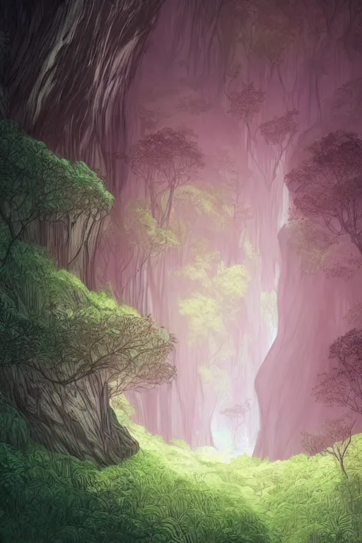 Prompt: concept art painting of a forest in a cave, artgerm, moebius, inio asano, toon shading, cel shading, calm, tranquil, vaporwave colors,