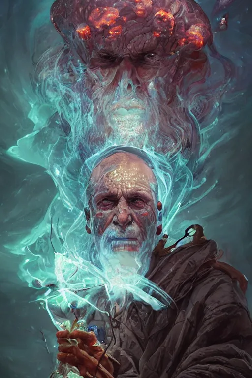 Image similar to the look of an elderly person necromancer witch - doctor covered with ice exploding into fire, full of wrinkles and imperfections, electricity highly detailed, high contrast, light reflection, trippy, nebula, trending on artstation by artgem, by peter mohrbacher, by wlop, by ruan jia