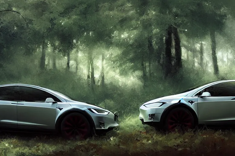 Prompt: A painting of a Tesla Model X in a forest by Craig Mullins, dramatic lighting, cinematic, establishing shot, extremely high detail, artstation