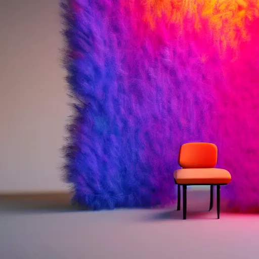 Prompt: : colorful abstract fuzzy sculpture on the wall in modern architecture, cinematic lighting, hyper - realistic, detailed, render by c 4 d octane, unreal engine, 8 k 3 d render