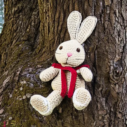 Prompt: a chocolate plush rabbit hand stitched with love and showing signs of years of wear and tear now sat alone and wearing an old crochet karate uniform beneath an old oak tree above a small valley, photography, photorealistic, national geographic