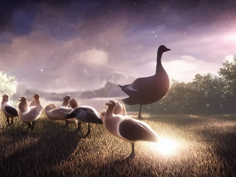 Image similar to geese dreaming of a better life, where no one will harm them, where love conquers all, 8 k, ultra realistic, lens flare, atmosphere, glow, detailed, intricate, full of colour, cinematic lighting, trending on artstation, 4 k, hyperrealistic, focused, extreme details, unreal engine 5, cinematic, masterpiece