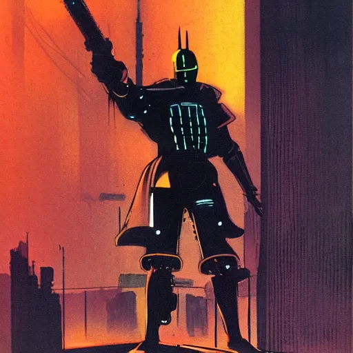 Image similar to cyberpunk knight, by jack gaughan, wide angled view, epic pose, pulp, sci - fi, atmospheric lighting, painted, intricate, ultra detailed