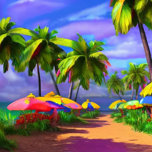 Prompt: a village on a tropical island, very colorful, beach, palms, photorealistic, trending on artstation