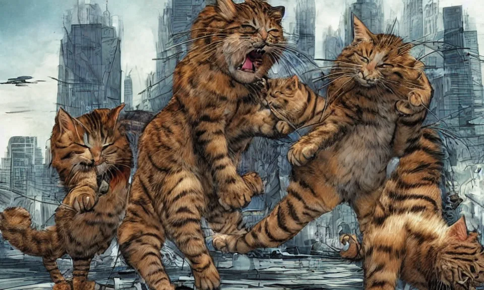 Prompt: giant cats fighting in a city, colossal felines battling in an urban environment, massive kitties angry at each other, huge, humongous, tremendous, gigantic, monstrous, angry angry angry angry angry!