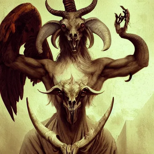 Image similar to baphomet with goat horns holding an animal skull, style of da vinci, horror, fantasy illustration, by greg rutkowski