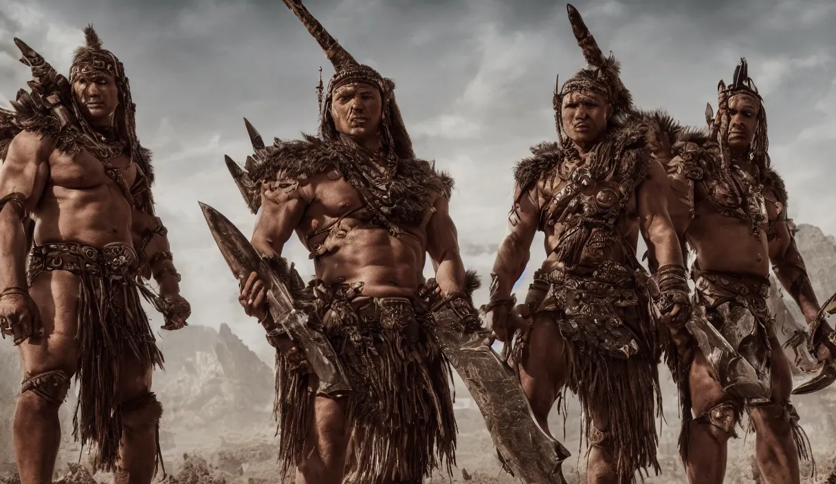 Image similar to two ancient tribesman with futuristic weapons standing in front of barbarian horde, handsome symmetrical faces, muscular bodies, dramatic lighting, cinematic, establishing shot, extremely high detail, photorealistic, 300 the movie,monster hunter the movie, monster hunter, cinematic lighting, artstation, octane render, western,old photo, vintage