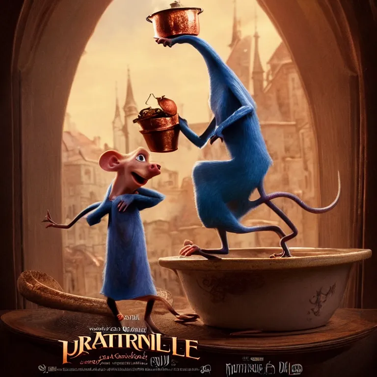 Image similar to beautiful cinematic fantasy poster the rat from ratatouille dramatically tossing food into a copper pot of soup, wideshot ultrawide angle epic scale, hybrid from The Elden Ring and art direction by Darius Zawadzki ;by artgerm; wayne reynolds art station; cinematic quality character render; low angle; ultra high quality model; production quality cinema model;