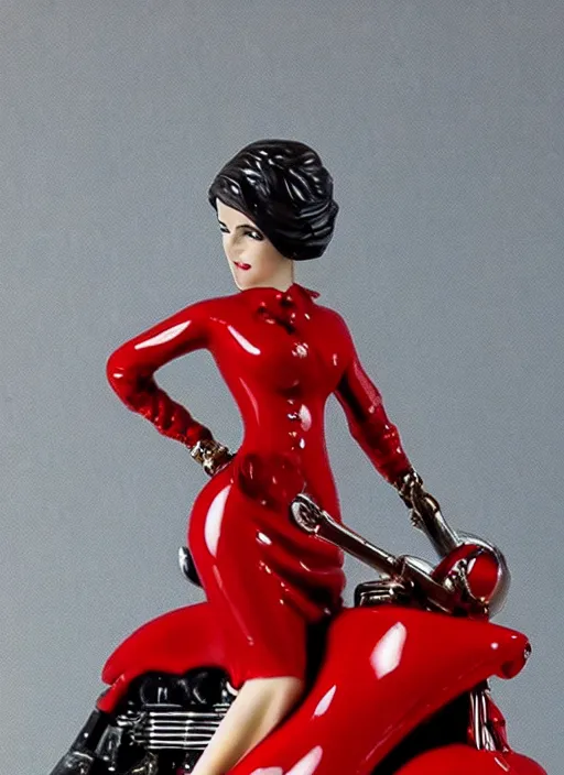 Prompt: Image on the store website, eBay, Wonderfully detailed 80mm Resin figure of a beautiful woman in red dress riding on a motorcycle.