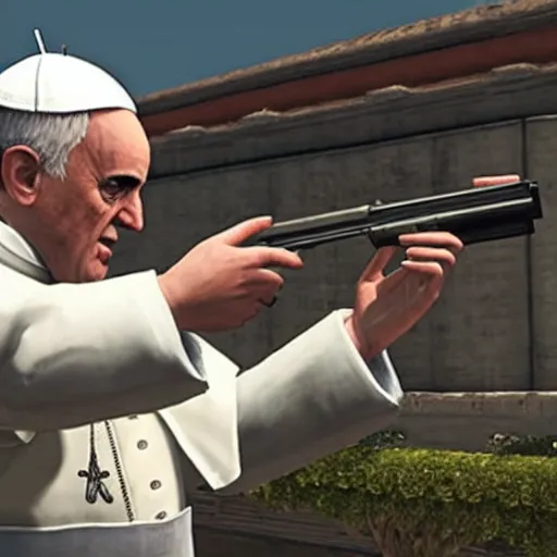 Prompt: the pope shooting a gun as a game character in gta 5, game graphics, game screenshot