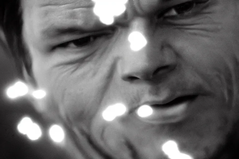 Image similar to mark wahlberg as matt daemon, all faces are distorted contorted, shock, repulsion, disgust, frustration, annoyance, laughter, smirk, snicker, cinematic still, movie still, long lens, shallow depth of field, bokeh, anamorphic lens flare, 8 k