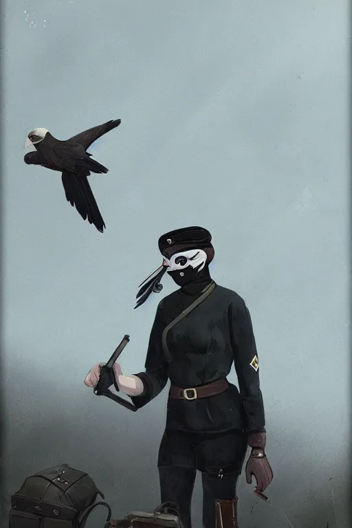 Image similar to ww 1 german female masked operative with the standard black uniform and a white porcelain crow mask, artstation, trending on artstation, establishing shot, by simon stalenhag