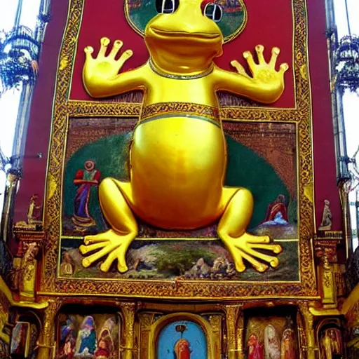 Image similar to people worship a huge statue of a golden frog, icon style, religion, bible, frescoes