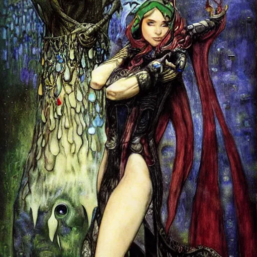 Image similar to female elf sorcerer, royo, klimt, miro, vallejo, frazetta, giger, whealan